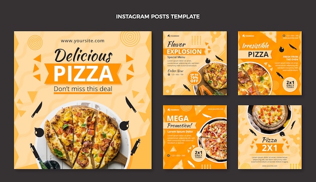 Publicaciones de instagram de pizza deliciosa de diseño plano