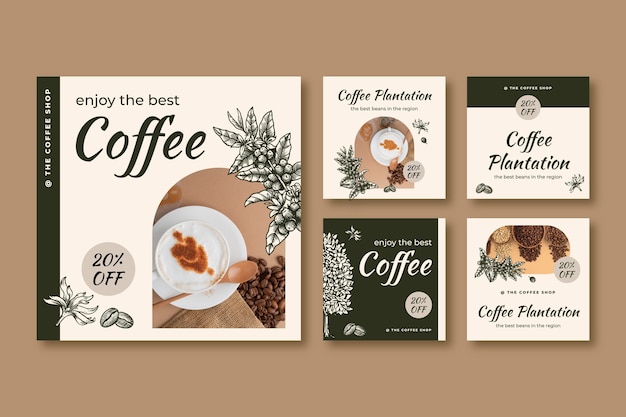 Publicaciones de instagram de plantación de café de diseño plano