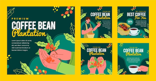 Publicaciones de instagram de plantación de café de diseño plano