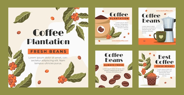 Vector publicaciones de instagram de plantaciones de café dibujadas a mano