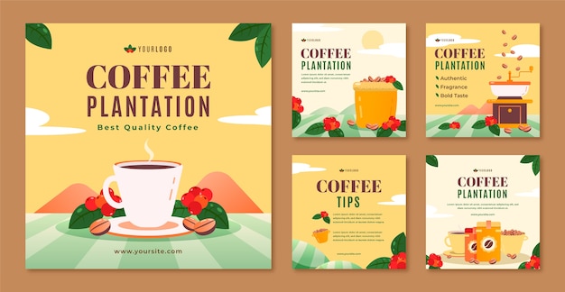 Vector publicaciones de instagram de plantaciones de café dibujadas a mano