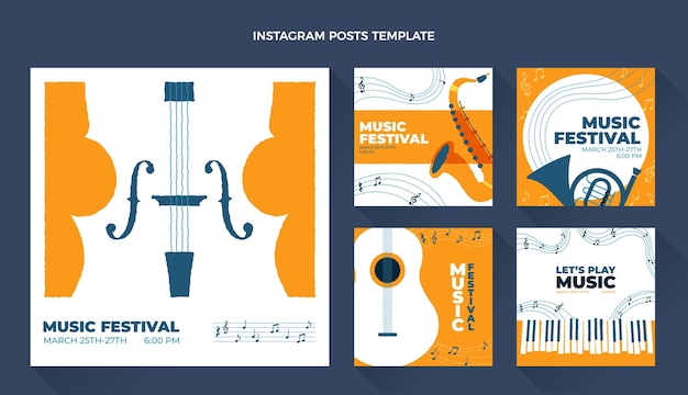 Vector publicaciones de instagram de plantilla de música de diseño plano