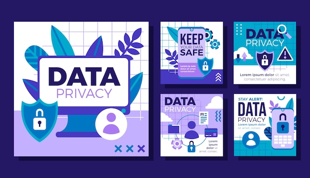 Publicaciones de instagram de privacidad de datos de diseño plano
