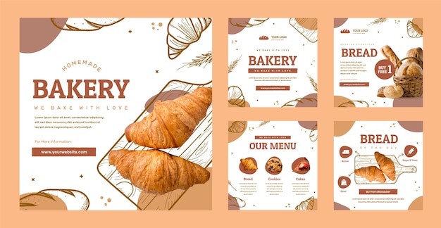 Vector publicaciones de instagram de productos de panadería dibujados a mano