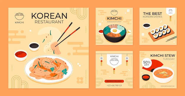 Vector publicaciones de instagram de restaurante coreano dibujadas a mano