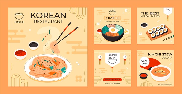 Vector publicaciones de instagram de restaurante coreano dibujadas a mano