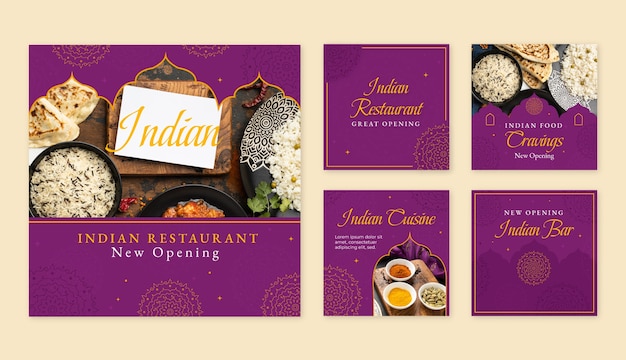 Vector publicaciones de instagram de restaurante indio dibujadas a mano