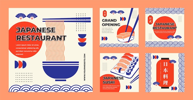 Vector publicaciones de instagram de restaurante japonés de diseño plano