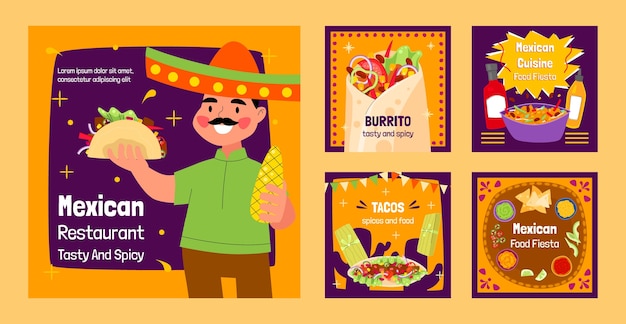 Vector publicaciones de instagram de restaurante mexicano dibujadas a mano