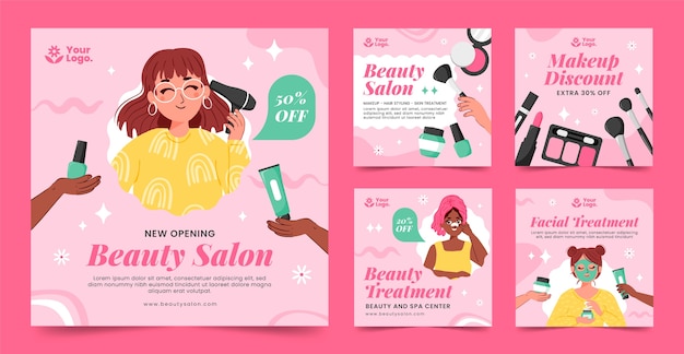 Publicaciones de instagram de salón de belleza dibujadas a mano