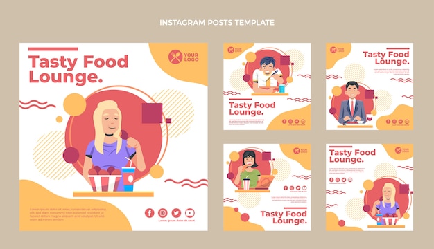 Vector publicaciones de instagram de salón de comida de diseño plano