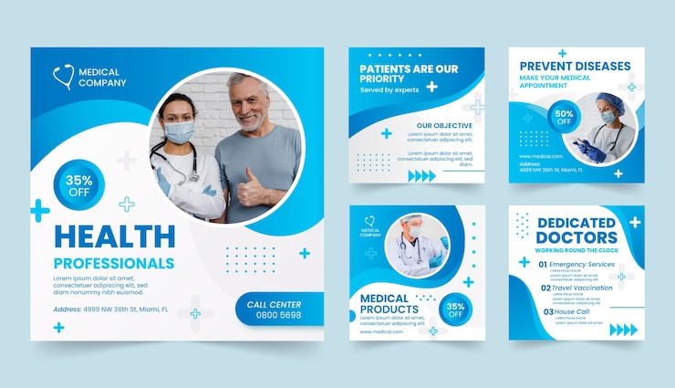 Vector publicaciones de instagram del servicio de atención médica del hospital