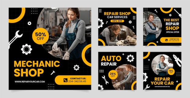 Publicaciones de instagram de taller de reparación de diseño plano