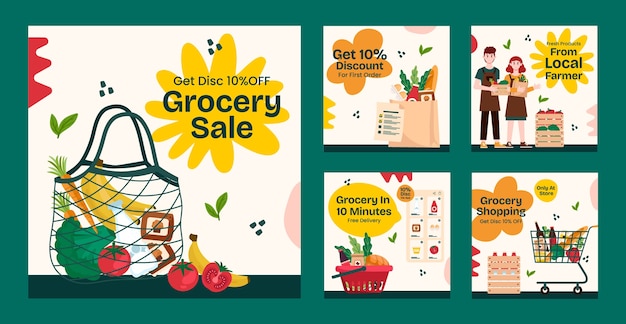 Publicaciones de instagram de tiendas de comestibles dibujadas a mano