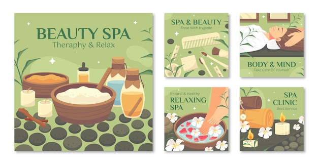 Vector publicaciones de instagram de tratamiento de spa de diseño plano