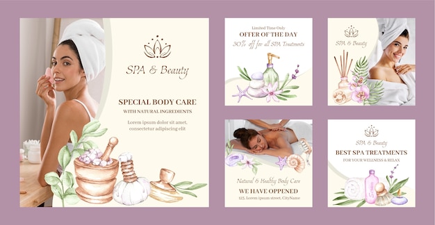 Vector publicaciones de instagram de tratamientos de spa en acuarela