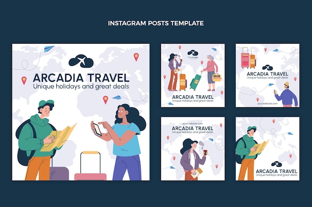 Vector publicaciones de instagram de viajes de diseño plano