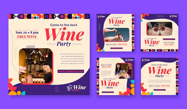 Vector publicaciones planas de instagram de la fiesta del vino