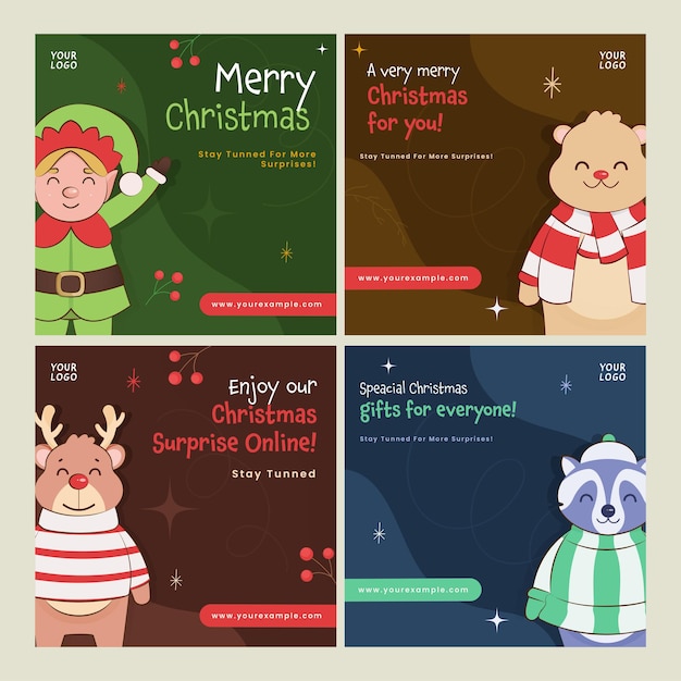 Publicaciones de redes sociales de feliz Navidad con elfo de dibujos animados, oso polar, reno y personaje de mapache en cuatro opciones de color.