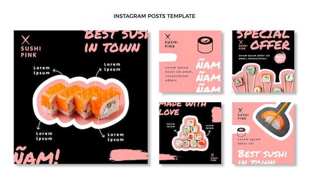 Vector publicaciones en redes sociales de restaurantes de sushi