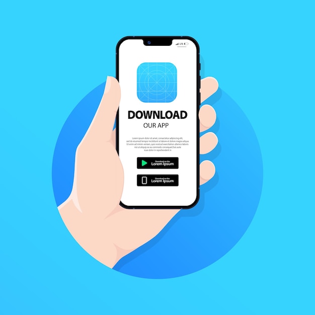 Publicidad de banner de página para descargar una aplicación para teléfono móvil, smartphone. Página de descarga de la aplicación móvil. Perspectiva 3D con círculo azul