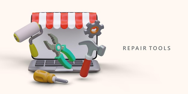 Publicidad horizontal de taller de herramientas Gran variedad de equipos para reparación y construcción.