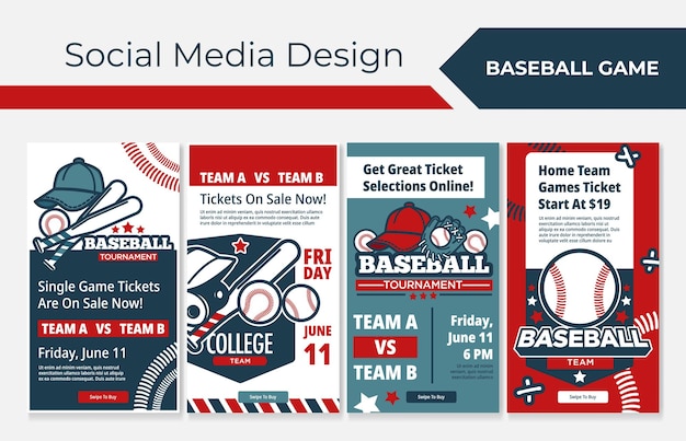 Vector publicidad de juegos de béisbol en las historias de las redes sociales.