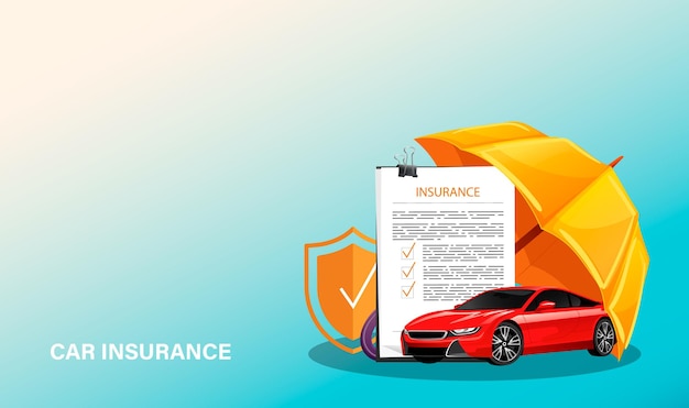 Vector publicidad de seguros de automóviles con escudo naranja de automóvil rojo y paraguas concepto de protección de vehículos ilustración vectorial