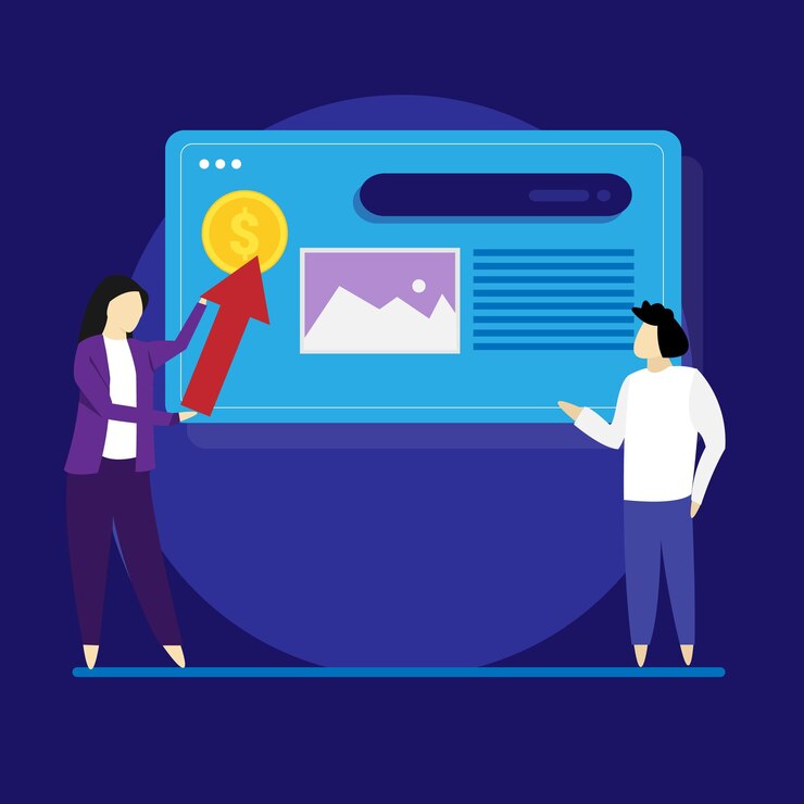 Vector publicidad de tecnología de pago por clic o concepto de publicidad con personas del equipo e icono de clics