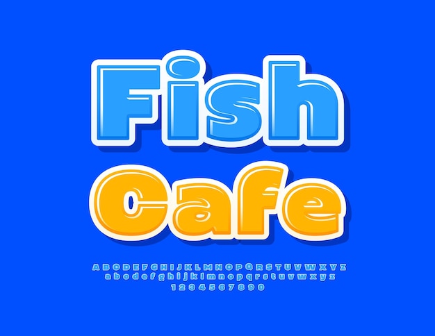 Publicidad vectorial banner fish cafe moderno fuente azul creativa alfabeto azul letras y números