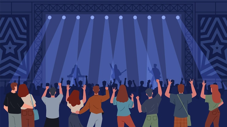 Vector público en el concierto la gente en el concierte de rock los espectadores de la vista trasera la multitud aplaudiendo los músicos del festival de música las siluetas en el escenario