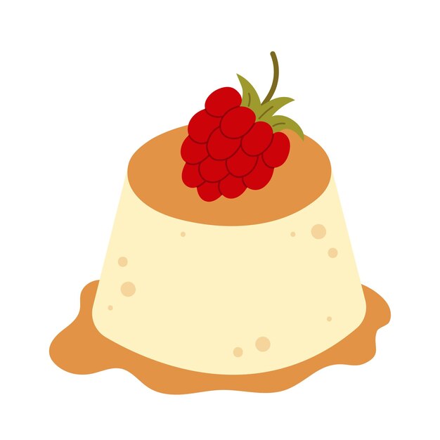 Pudín de crema japonés cubierto con salsa de caramelo. Purín con frambuesa. Postre dulce asiático.