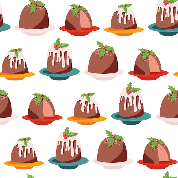 Pudín de Navidad de dibujos animados vectoriales de fondo de patrón sin costuras