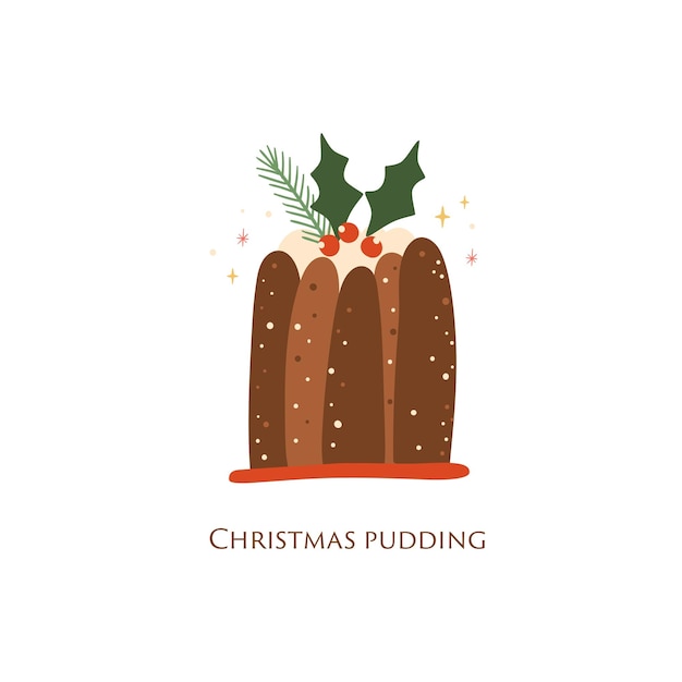 Pudín de Navidad elemento vectorial aislado Pastel de Navidad o Lindo pastel de vacaciones de invierno con ilustración de comida de bayas de acebo Postre de Navidad al horno Cartel de tarjeta dibujada a mano Comida de Navidad sabrosa