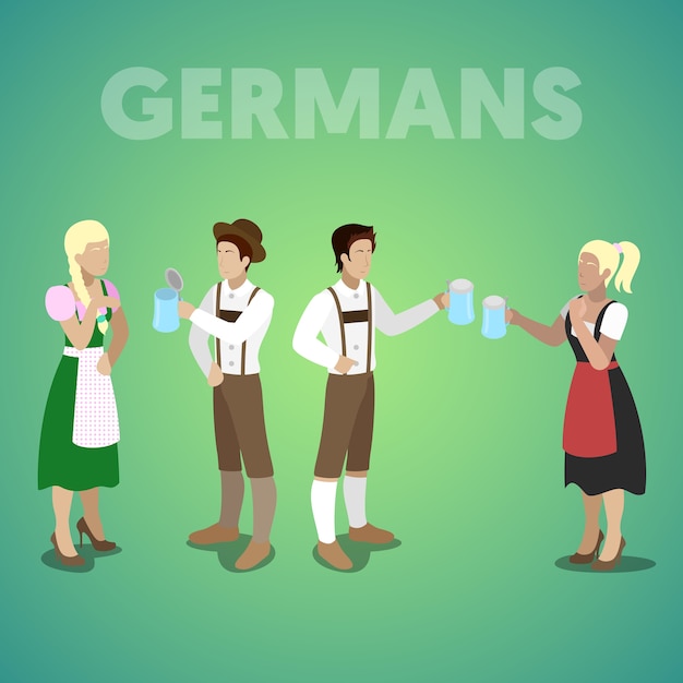 Pueblo alemán isométrico en ropas tradicionales. vector ilustración plana 3d