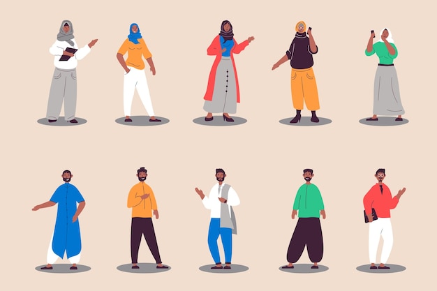 Pueblo árabe ambientado en diseño plano Mujeres y hombres felices con atuendos modernos y ropa étnica tradicional y hijab musulmán Paquete de diversos personajes Ilustración vectorial personas aisladas para web