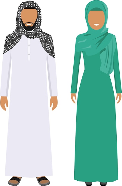Vector pueblo árabe, hombre y mujer, juntos, en, tradicional, musulmán, árabe, ropa, en, plano, estilo
