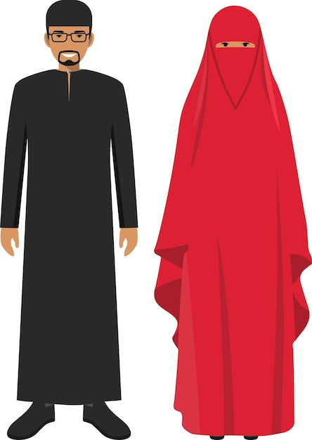 Vector pueblo árabe hombre y mujer de pie juntos en ropa árabe musulmana tradicional en estilo plano.