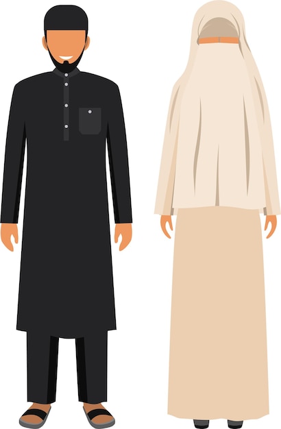 Pueblo árabe hombre y mujer de pie juntos en ropa árabe musulmana tradicional en estilo plano