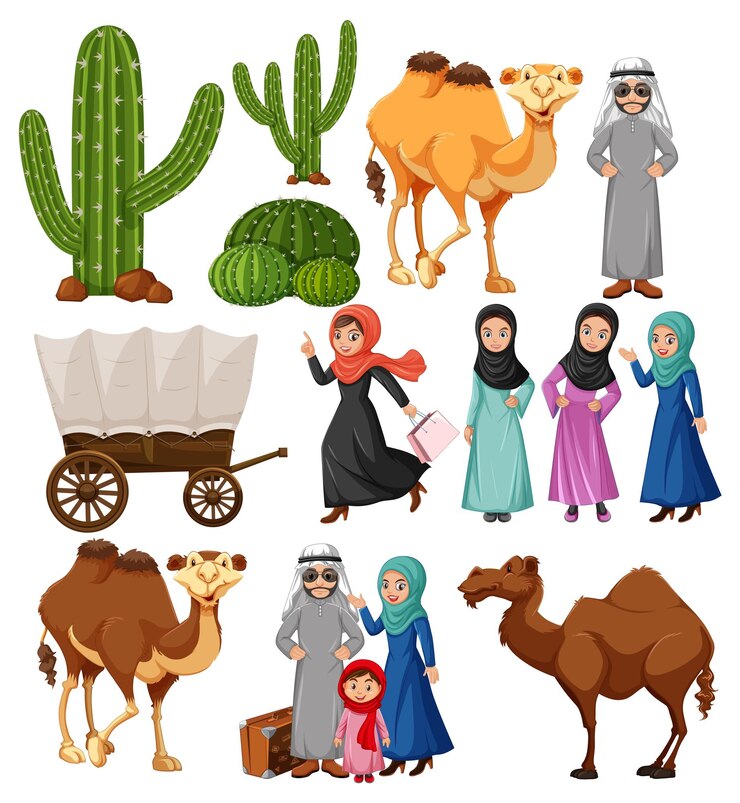 Vector pueblo árabe con plantas de camellos y cactus.