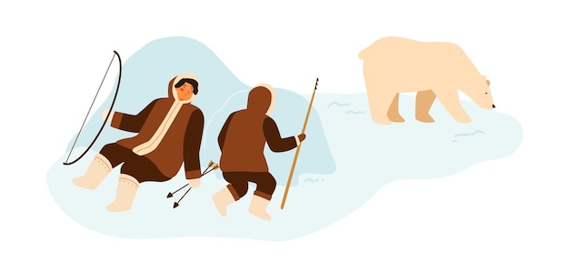 Vector pueblo esquimal cazando osos polares salvajes con lanza y arco. cazadores inuit con trajes nacionales de invierno escondidos detrás de ventisqueros. ilustración de dibujos animados de vector plano aislado sobre fondo blanco.