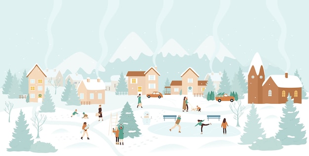 Pueblo de invierno, nieve ilustración de paisaje de navidad.