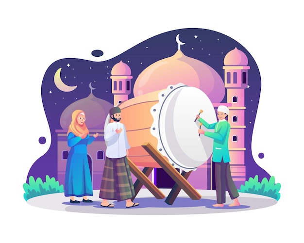 El pueblo musulmán saluda a ramadan kareem y eid al fitr mubarak con una ilustración de bedug o tambor