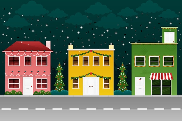 Vector pueblo navideño de diseño plano