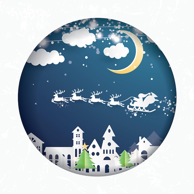 Pueblo navideño y papá noel en trineo en estilo de corte de papel. paisaje de invierno con luna y nubes. ilustración de vector. feliz navidad y próspero año nuevo.