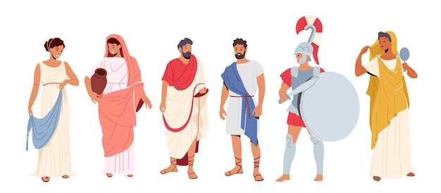 Pueblo romano con ropa tradicional, ciudadano de la antigua roma, personaje masculino y femenino con túnica y sandalias, trajes históricos, gladiador aislado de fondo blanco. ilustración vectorial de dibujos animados