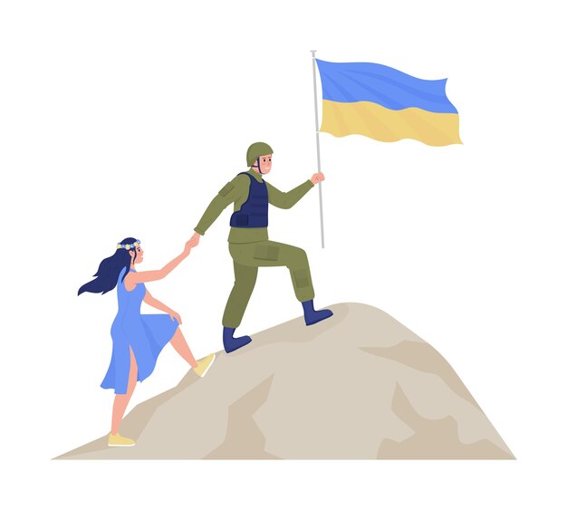El pueblo ucraniano logra la victoria sobre los personajes vectoriales de color semiplano de Rusia
