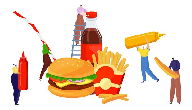 Pueblos diminutos con hombres y mujeres de comida rápida que preparan ilustraciones de vectores de estilo de dibujos animados de diseño de hamburguesas