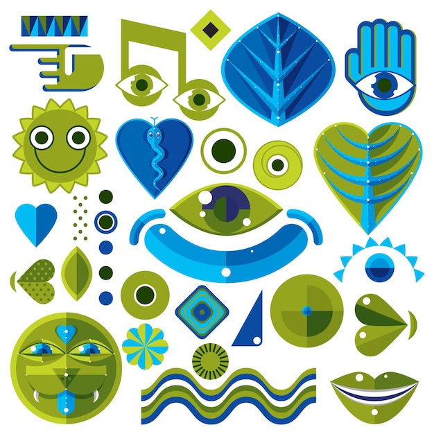 Se puede utilizar un conjunto de diferentes símbolos vectoriales modernistas en diseño corporativo y web. Colección de iconos conceptuales creados en el tema de la naturaleza y la música, partes del cuerpo y la cara.