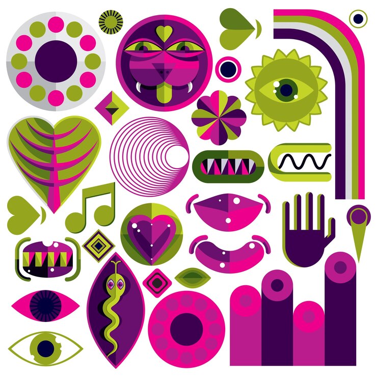 Vector se puede utilizar un conjunto de diferentes símbolos vectoriales modernistas en diseño corporativo y web. colección de iconos conceptuales creados en el tema de la naturaleza y la música, partes del cuerpo y la cara.